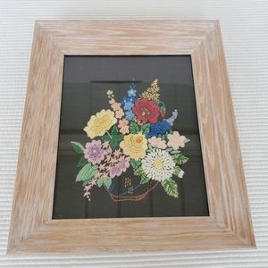 Embroidered Floral Tapestry 13x11 Glass Framed Handmade Needlepoint Cottagecore